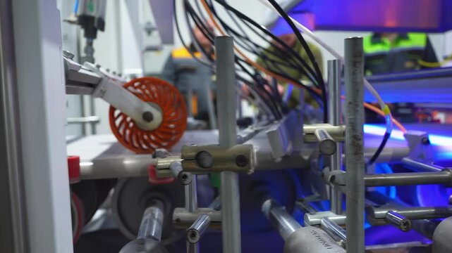 UV light used for plastic windowsill lamination reinforcement in plant workshop. Sills production with machines and extrusion method at industrial plant