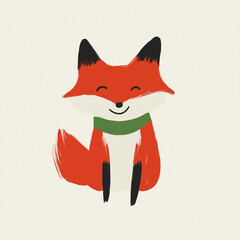 Obraz premium Cute and Playful Hand-Drawn Illustration of a Smiling Fox Wearing a Green Scarf, Adorable Cartoon Character Ideal for Children's Books, Cards, and Creative Designs