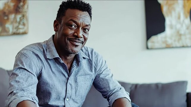 Smiling man in casual shirt sitting on couch at home, relaxed and happy.