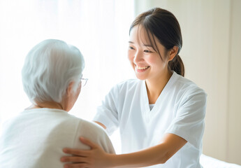 Obraz premium Elderly care professional offering emotional and medical support to a senior citizen