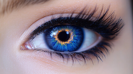 Fototapeta premium A mesmerizing macro image of a woman’s eye, emphasizing the vivid deep blue iris with its swirling patterns and radiant texture