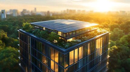 An eco-friendly office building with modern glass architecture and solar panels integrated into the roof, emphasizing sustainable business practices.