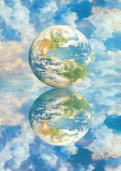 Fototapeta premium Reflective Earth Globe Peaceful Sky Cloudscape Image Blue View Water World Green Brown