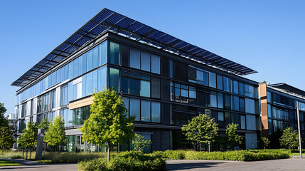 An eco-friendly office building with modern glass architecture and solar panels integrated into the roof, emphasizing sustainable business practices.