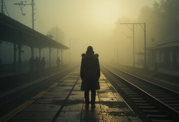 Mysterious figure at foggy train station urban landscape photography early morning isolated perspective