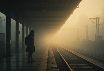 Mysterious figure waiting at foggy train station urban setting photographic scene atmospheric mood