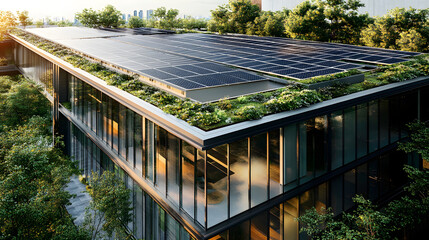 An eco-friendly office building with modern glass architecture and solar panels integrated into the roof, emphasizing sustainable business practices.