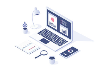 Isometric workspace with laptop and digital analytics.