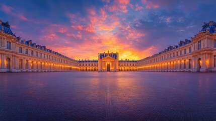 Obraz premium illuminated architectural facade at dusk displaying refined symmetry and vibrant sunset hues overhead