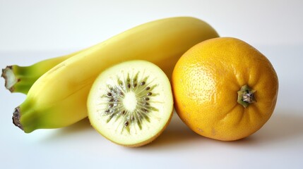Delicious and healthy fruit platter, featuring bananas, kiwi, and a juicy orange. Perfect for a refreshing snack or a healthy addition to your diet.