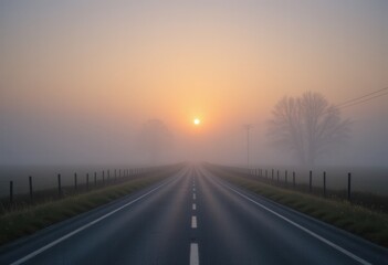 Obraz premium Misty sunrise journey open road scenic landscape tranquil environment morning view nature's beauty