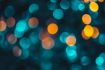 Fototapeta premium A bold, colorful abstract background featuring blurred city lights at night. The glowing orbs in deep navy, radiant amber, and electric teal create a dreamy, cinematic, and visually immersive urban