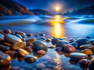 Smooth River Pebbles in Dark Water, Night Photography, Nature Texture