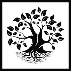Root Of The Tree logo illustration. Vector silhouette of a tree, green forestry strong root tree logo, High detail illustration of an old olive tree, hand drawn, vector