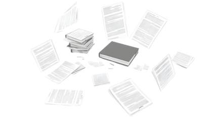Realistic Illustration of Scattered Papers and Stacked Documents with a Book Isolated on Transparent Background for Office Related Design Elements