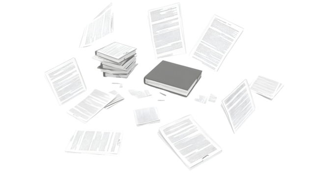 Realistic Illustration of Scattered Papers and Stacked Documents with a Book Isolated on Transparent Background for Office Related Design Elements