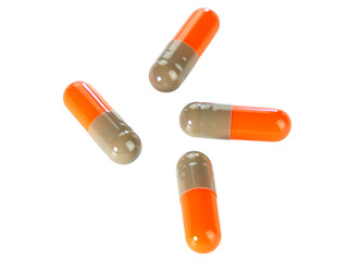 Bulk orange capsule pills isolated on white background.