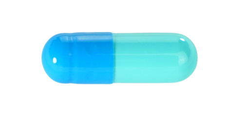One blue capsule pills isolated on white background.