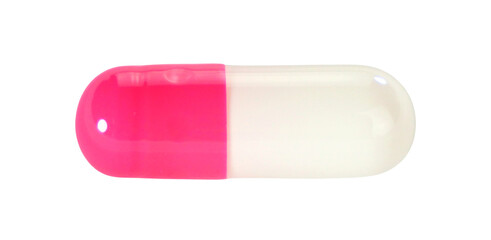 One pink and white capsule pills isolated on white background.