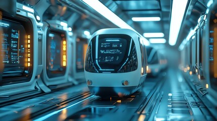 Obraz premium Futuristic Train Traveling Through A High Tech Transportation Tunnel