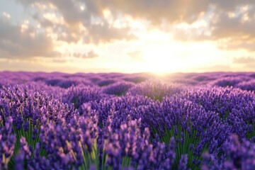 Naklejka premium A breathtaking lavender field in full bloom under a golden sunrise, bringing serenity and beauty