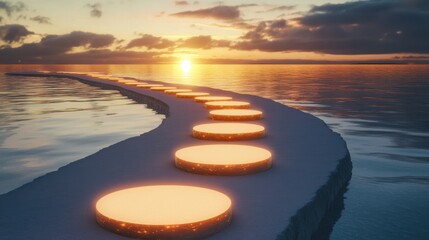 Serene Pathway of Glowing Discs on Calm Water at Sunset with Soft Clouds and Sky Reflection