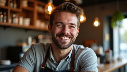 Obraz premium UK, London, Portrait of smiling cafe owner
