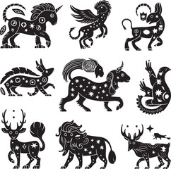 Black silhouette of zodiac signs on a white background 