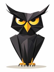 Polygonal style illustration of an owl in black and orange tones with menacing yellow eyes