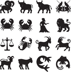 Naklejka premium Black silhouette of zodiac signs on a white background 