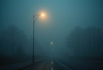 Mysterious foggy night urban street atmospheric photography dim light somber mood captivating silence