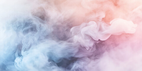 Fototapeta premium A fluid, colorful abstract background with soft, swirling clouds of mist. The delicate transitions between warm coral, soft lilac, and sky blue create a peaceful, ethereal, and visually stunning