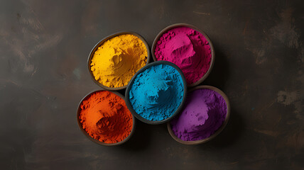 Vibrant Holi Powders Arranged in Decorative Bowls