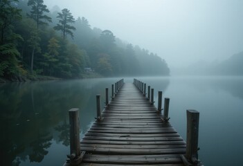 Serene foggy morning at lake wooden pier nature photography tranquil environment peaceful view stillness concept