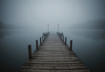 Obraz premium Misty morning dock scene tranquil lake photography serene environment wide view peaceful reflection