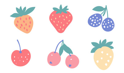 Cute Flat Berries Vector Illustration: Strawberry, Blueberry, Cherry, Raspberry, Sea Buckthorn Icons