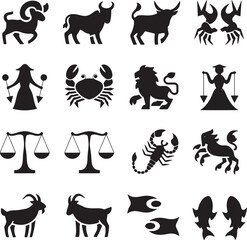 Black silhouette of zodiac signs on a white background 