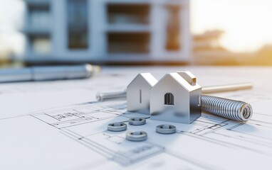 Top-down view of a complex mechanical design, technical drawings covered with nuts, bolts, and high-tech metal parts, hyper-realistic depth of field