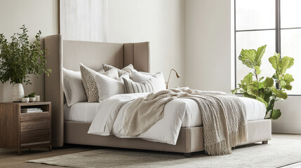 A modern, elegant bedroom featuring a sleek upholstered bed in a muted taupe shade, layered with crisp white and gray bedding