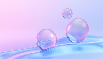 Pastel-toned beauty showcase with floating bubbles and mist, soft lighting creating a light, airy, and sophisticated scene with a touch of surreal elegance