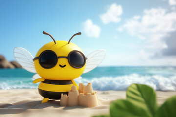 Cute illustration of a cheerful bee wearing sunglasses, enjoying a sunny beach day and building a sandcastle with the ocean in the background