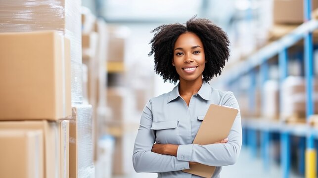 Smiling Black woman stands confidently in warehouse holding clipboard while surrounded by packages