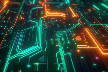 A high-tech, colorful abstract background featuring glowing circuitry patterns. The intricate neon green, bold indigo, and fiery orange lines pulse with energy, forming a futuristic, sci-fi-inspired