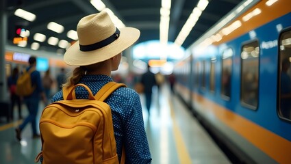 Ready for Adventure: Man with Backpack Awaiting the Train for His Journey