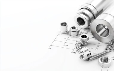Top-down view of a complex mechanical design, technical drawings covered with nuts, bolts, and high-tech metal parts, hyper-realistic depth of field