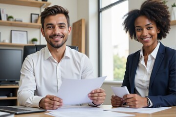 Professional Young Adult Man and Woman Sitting Together in Modern Office Environment, Smiling and Holding Documents While Engaging in Productive Work Activity