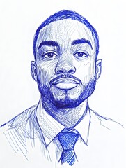 A detailed expressive portrait sketch in blue ink depicting a serious looking man in formal attire such as a suit and tie conveying a sense of professionalism and leadership