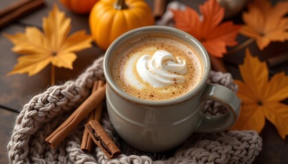A steaming pumpkin spice latte in a rustic ceramic mug, topped with whipped cream and cinnamon, surrounded by autumn leaves and cozy warm tones. Aesthetic fall vibes with golden light