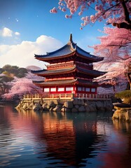 Naklejka premium A traditional Japanese pagoda with red accents stands on a small island in a calm lake, surrounded by blooming cherry blossom trees under a bright blue sky.