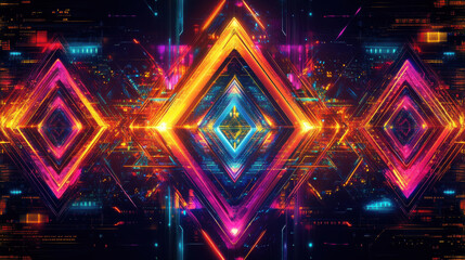 Obraz premium Abstract background of Vibrant neon diamond pattern with glowing colors and digital elements